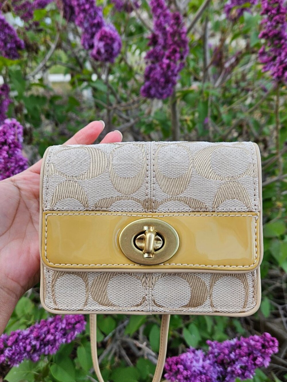 COACH Turn Lock Gold Mini Crossbody Bag Canvas Leather Pink Interior Y2K